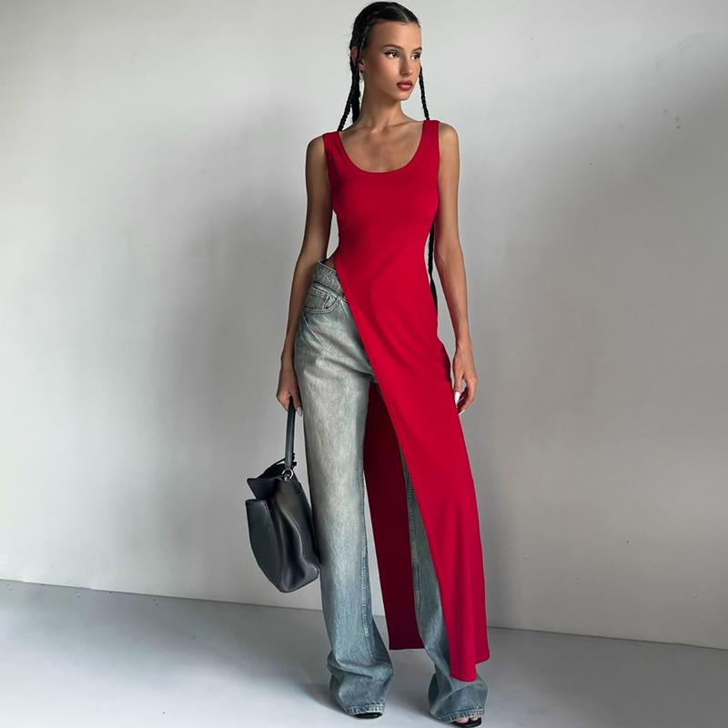 2025 Sexy Sleeveless Side High Split Dress Solid Backless Women Midi Dresses Summer Party Club Streetwear Clothes Y2K