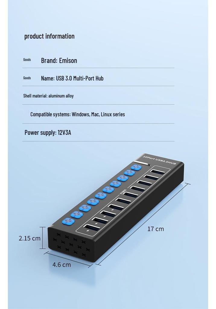 10-Port USB 3.0 Hub Expander for Laptops, Phones, and Desktops