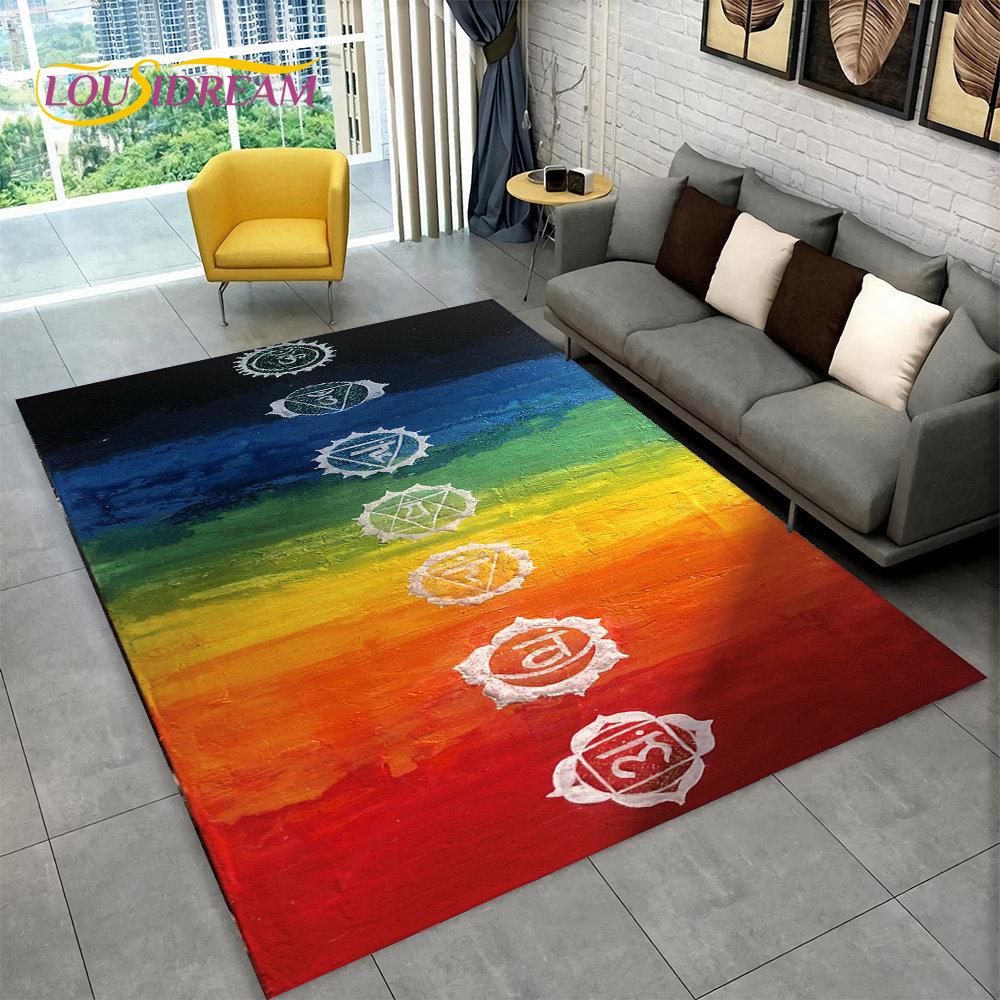 Rainbow 7 Chakra Mandala Bohemia Area Rug,Carpet Rug for Living Room Bedroom Sofa Doormat Decor,Yoga Soft Non-slip Floor Mat