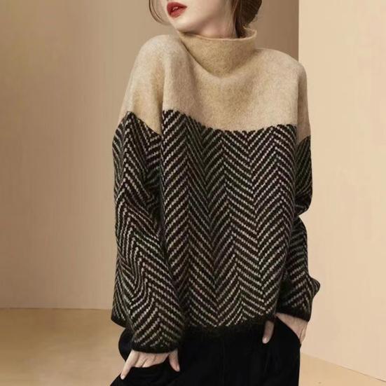 Suéter de mujer de cuello medio alto, manga larga, con bloques de color, corte holgado, tejido de punto, suéter grueso y cálido para otoño e invierno