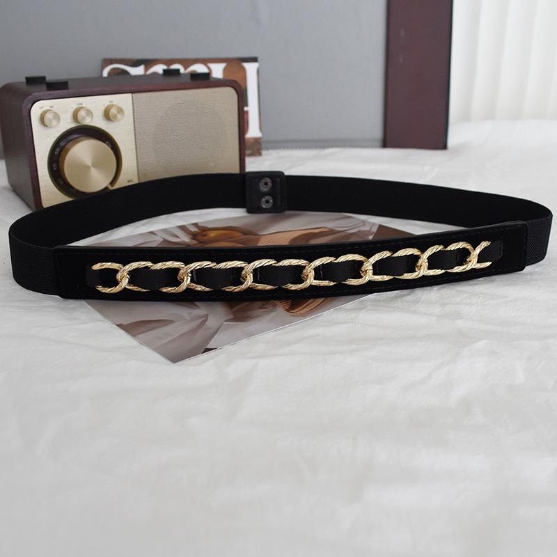 

Elastic Black Trendy Waist Belt For Women Featuring Chic Chain Accents Perfect For Coats Sweaters And Black Gold Chain