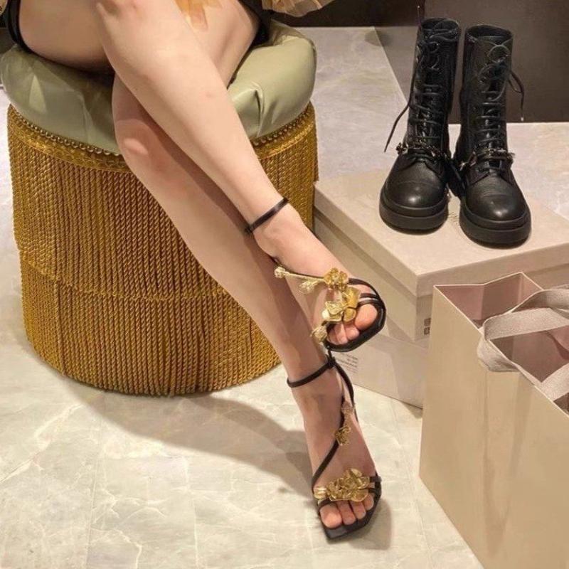 Fashion 2025 New Style Women's High Heels Open Toe Square Head Flower Sexy Silk Fine Heel One Character Buckle Sandals Simple Woman Shoe