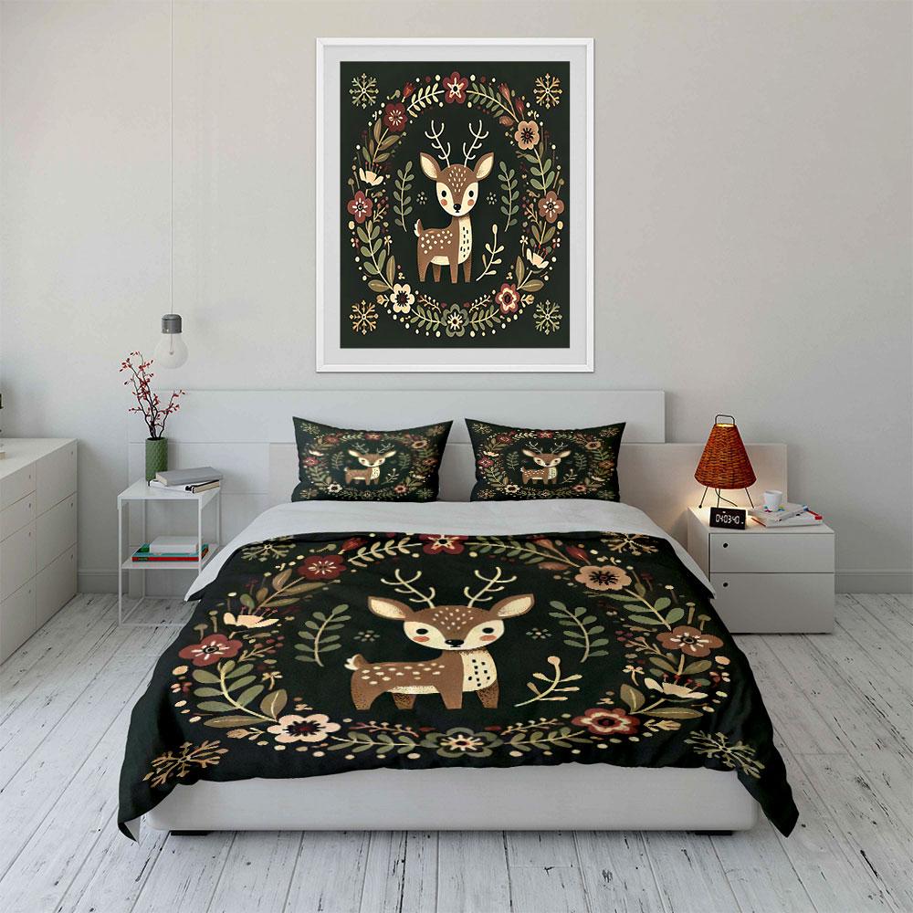 Woodland Deer Floral Design Bedding Duvet Cover Set Duvet Cover Pillowcases (1*Duvet Cover 2*Pillowcases, without duvet insert)