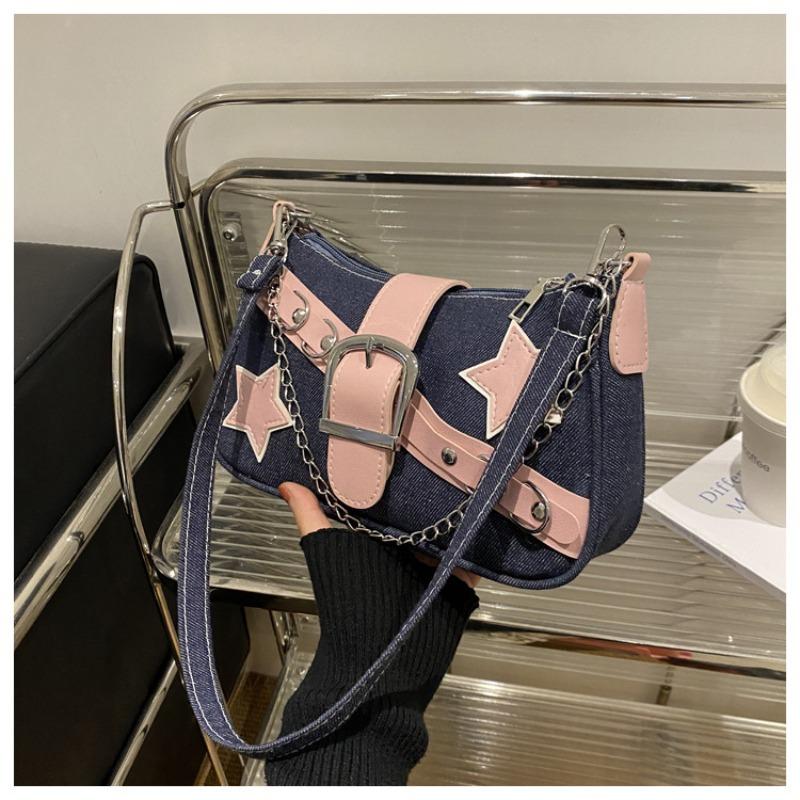 New Korean version underarm bag women's spring foreign style contrasting color shoulder bag casual personalized chain denim women's bag