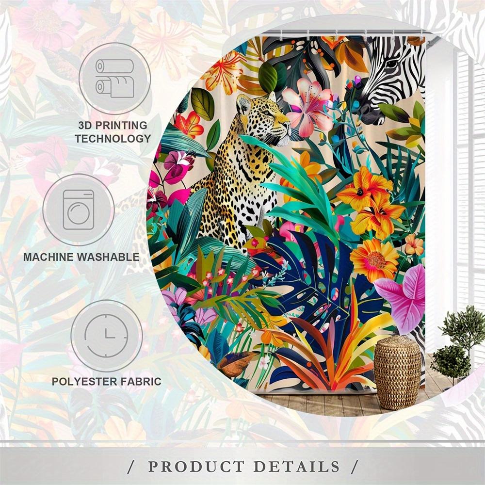Cortina de Chuveiro Impermeável com Estampa de Leopardo e Zebra da Selva Para Banheiro, Cortina de Divisória de Banheiro com Design Floral Tropical de Alta Qualidade