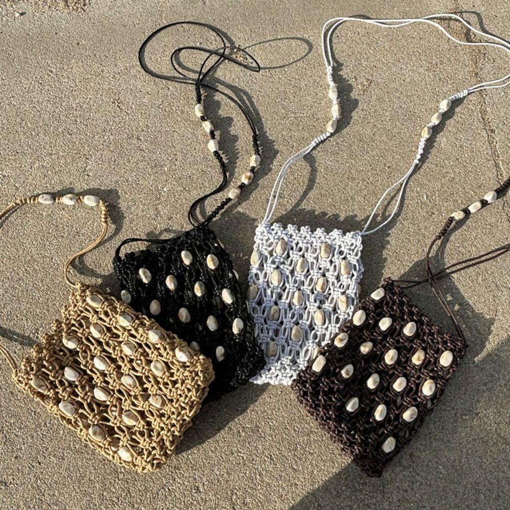Borsa a tracolla vuota per telefono Borsa intrecciata all'uncinetto fatta a mano di grande capacità Borsa casual leggera con perline per vacanze al mare
