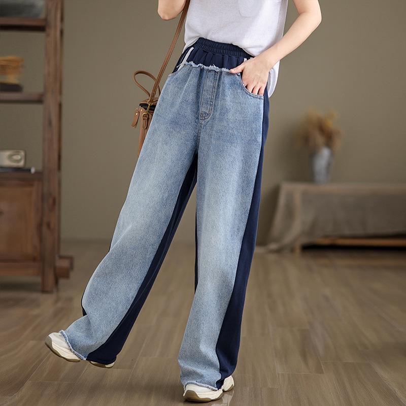 Women s Retro Spliced Color Block High-Waist Wide-Leg Jeans M синий