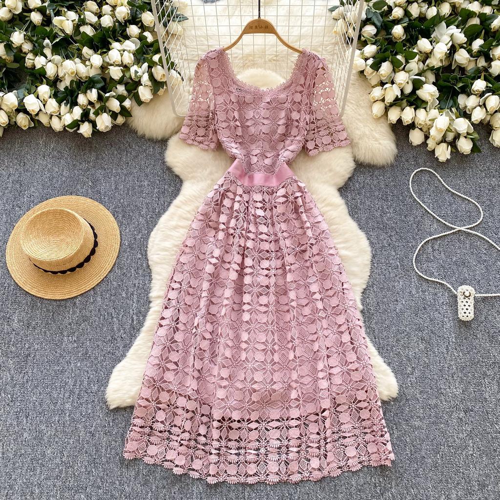 Summer Women Short Sleeve Square Collar Embroidery Lace Long Midi Party Dresses