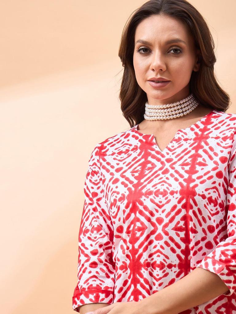 Geometric Printed Pure Cotton Notch-Neck Top With Trousers Co-Ords In Pink Color