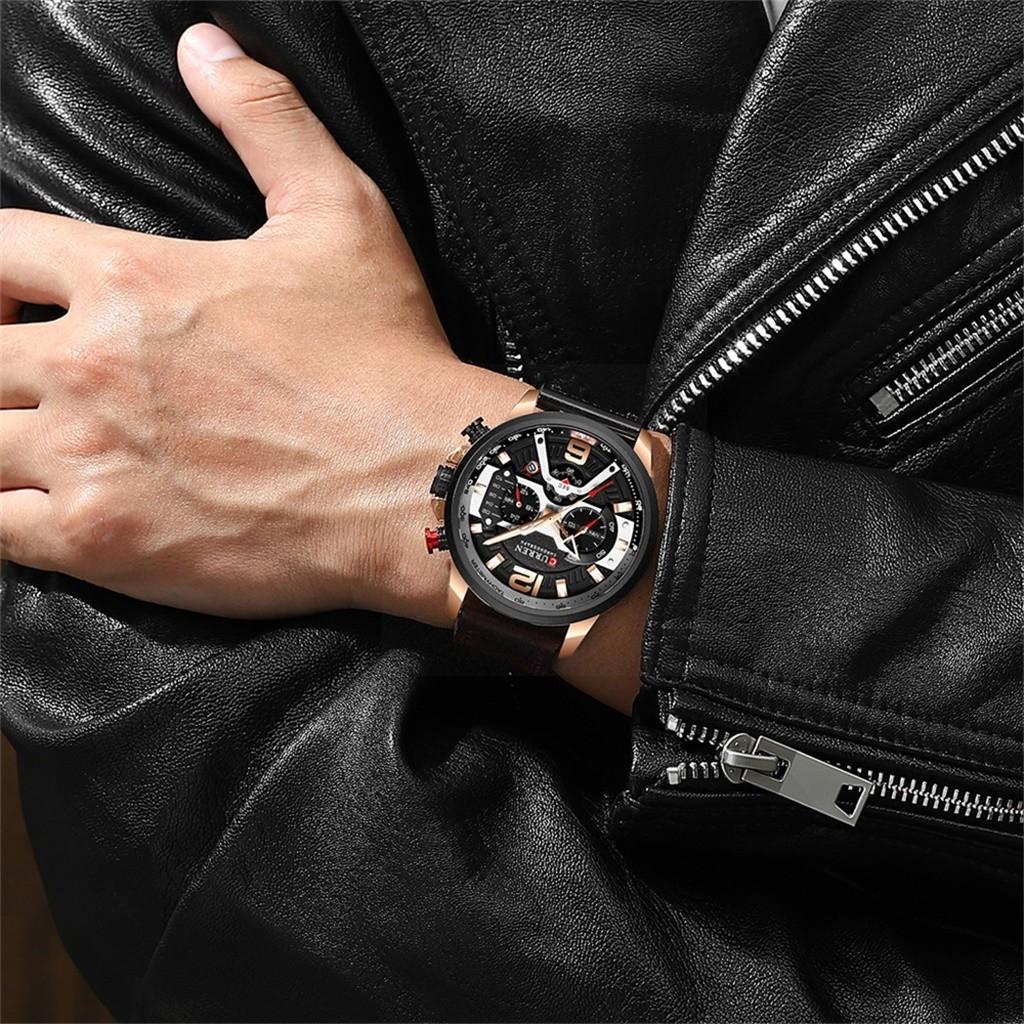 CURREN Men's Business Leather Strap Watch Waterproof Quartz Chronograph Date Display Three Sub-Dials Six Hands Casual Wristwatch