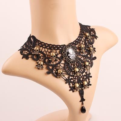 Women's Fashion  Gothic Black Skull Lace Choker Necklace Beads Chain Pendant Decorate