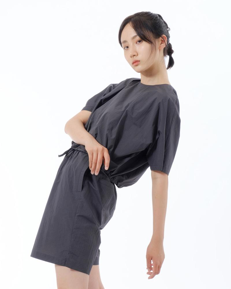 RAMU STUDIO Loddy Casual Oversized Batwing Round Neck String Short Sleeve Blouse Gray Loddy11G