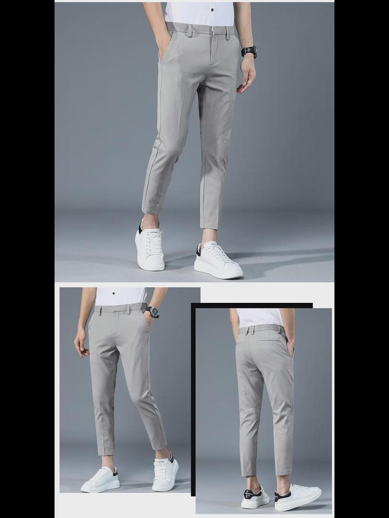 Men's Slim Straight High-Rise Casual Pants, Wrinkle-Resistant with Drape Texture, All-Season Nine-Point Suit Pants