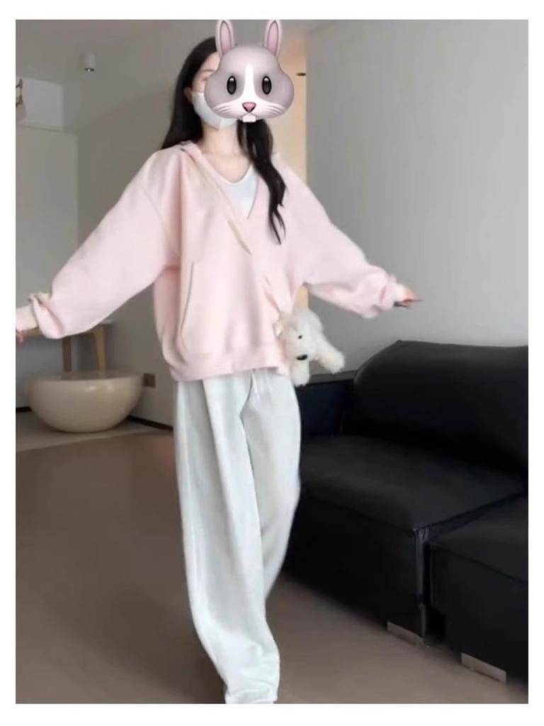 Dámská růžová mikina s kapucí a výstřihem do V: 2025 Korejský styl Jarní/Podzimní top s dlouhým rukávem