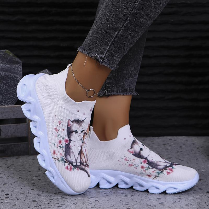 Lucyever Cute Cat Printing Flats Shoes Women Autumn Slip On Breathable Mesh Sneakers Woman Plus Size Platform Loafers Ladies 43