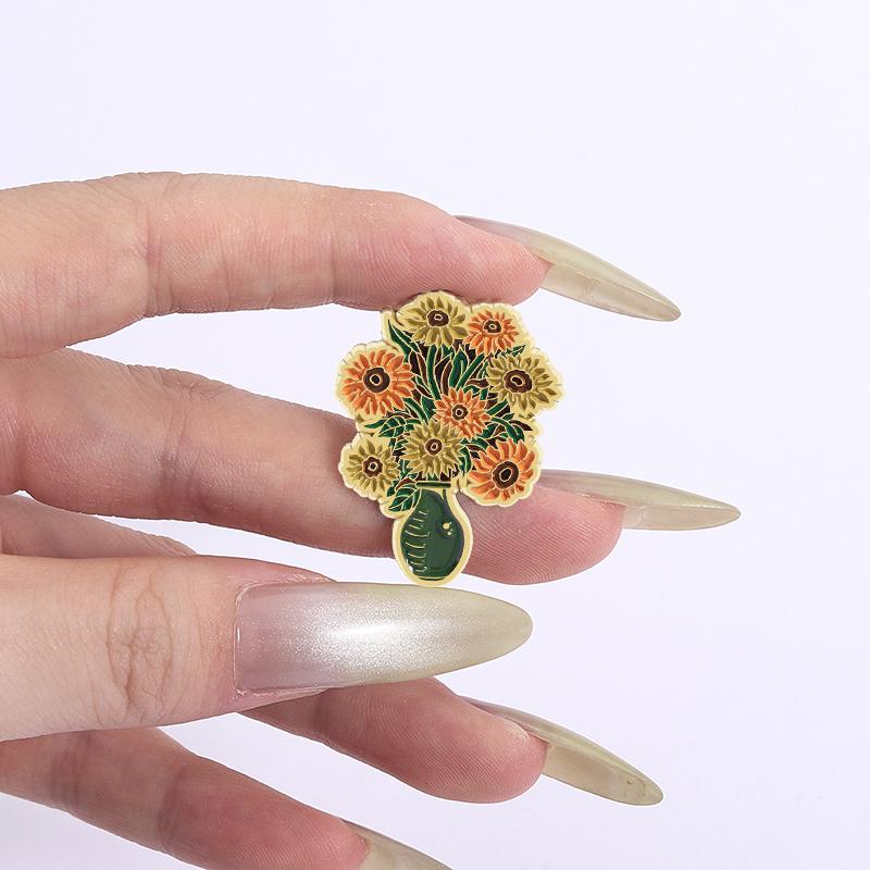 Sunflower Vase Enamel Pins Custom Artist Van Gogh Artwork Brooches Lapel Badges Clothes Plant Jewelry Gift for  Friends