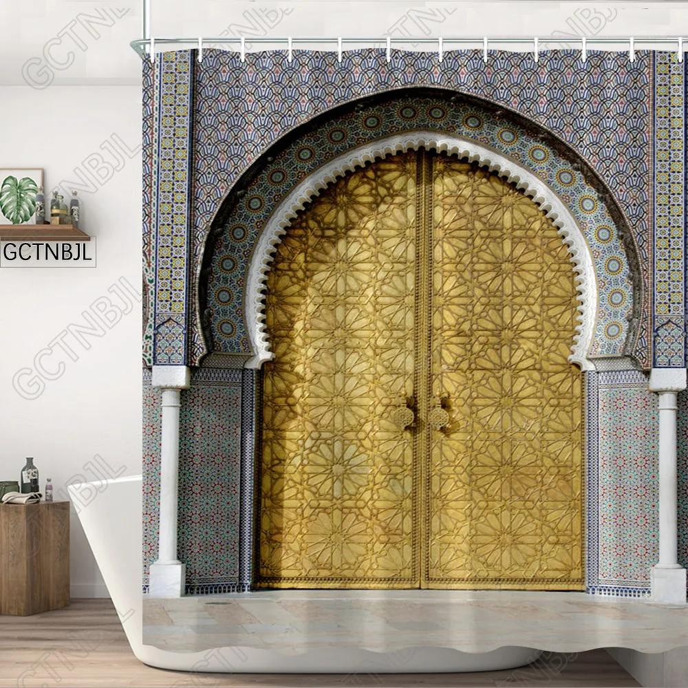 Moroccan Yellow Antique Arched Doors Shower Curtains Old Vintage Wooden Door Bathroom Waterproof Fabric Bath Curtains With Hooks