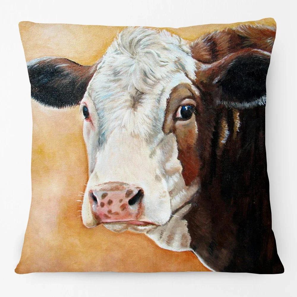 Oil Painting Farm Animals Poster Cushion Cover Cow Sheep Goat Rustic Style Home Decorative Square Pillow Case