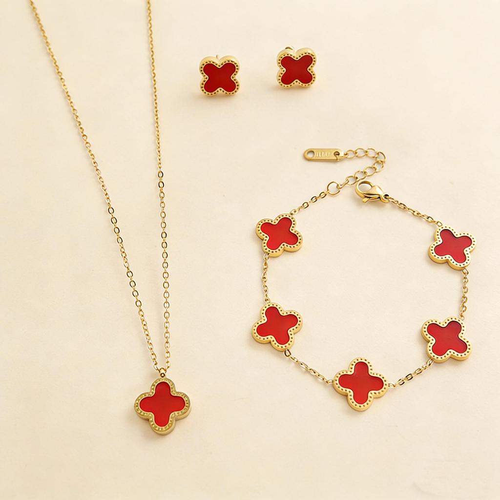 Zestaw biżuterii ze stali tytanowej w kształcie czterolistnej koniczyny z masą perłową: Naszyjnik, Bransoletka i Kolczyki - Damska Moda Prosty Luksusowy Design.