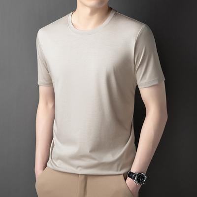 Camiseta de Manga Corta de Seda de Morera para Hombre Verano Holgada Cuello Redondo Color Sólido Versátil Casual Base de Negocios Top Ropa de Hombre