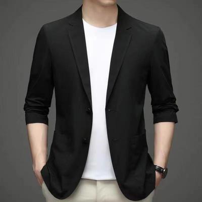 Men Suit Coat Lapel Long Sleeve Buttons Placket Suit Jacket with Pockets Solid Color Sun Protection Thin Business Outerwear