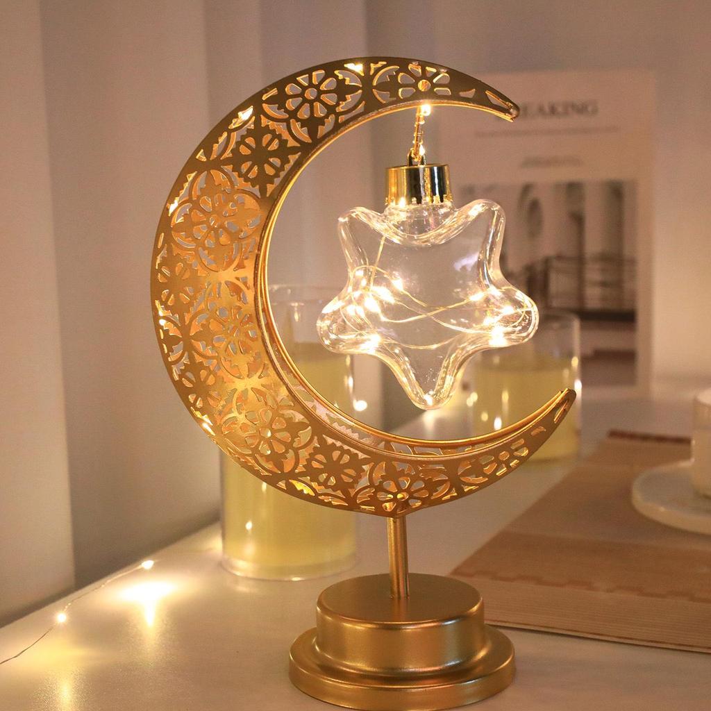Drehbare LED-Schmiedeeisen-Mond- und Sternenlampe – Dekoratives Schreibtischornament im nahöstlichen Stil.