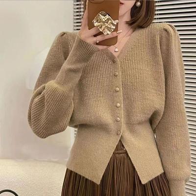 V-neck Sweater Jacket Women's Short Early Autumn New  High-end Niche Waist Cinching Chic Top Knitted Cardigan Inside