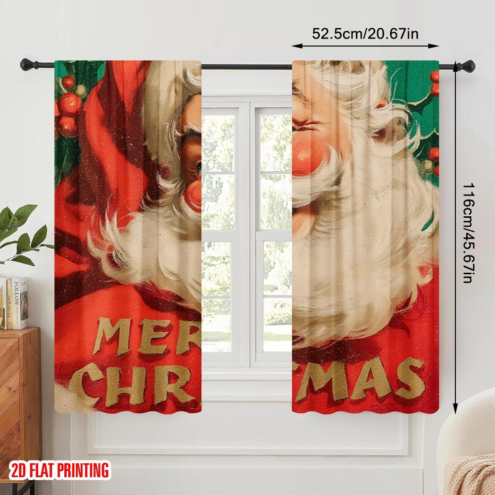 2pcs,2D plane printing Light Filtering Curtains Santa with Red & Green Holiday Colors Durable 100% Polyester Fabric (without