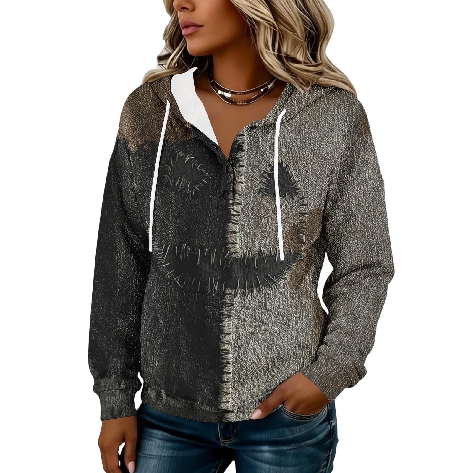 Women s Hooded Button Front Halloween Print Pullover Sweatshirt for Casual Fall Outfits XXXL