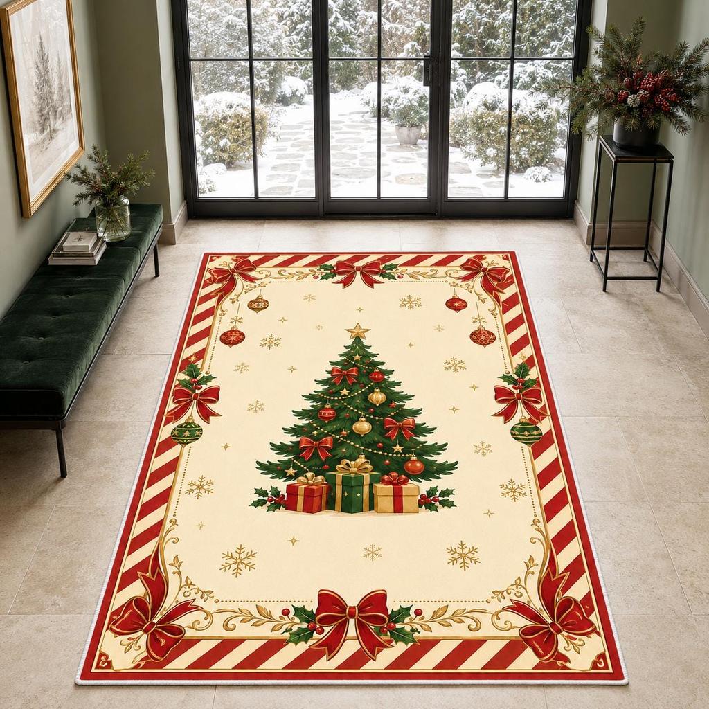 Holiday Noel Pine Tree Area Rug Festive Poinsettia Wreath Pattern Carpet Cozy Living Room Farmhouse Ground
