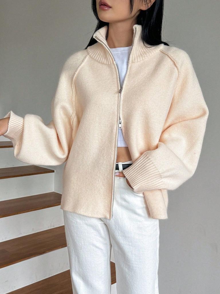 Solid Stand Collar Zip Knitted Cardigan Top Sweater Jacket