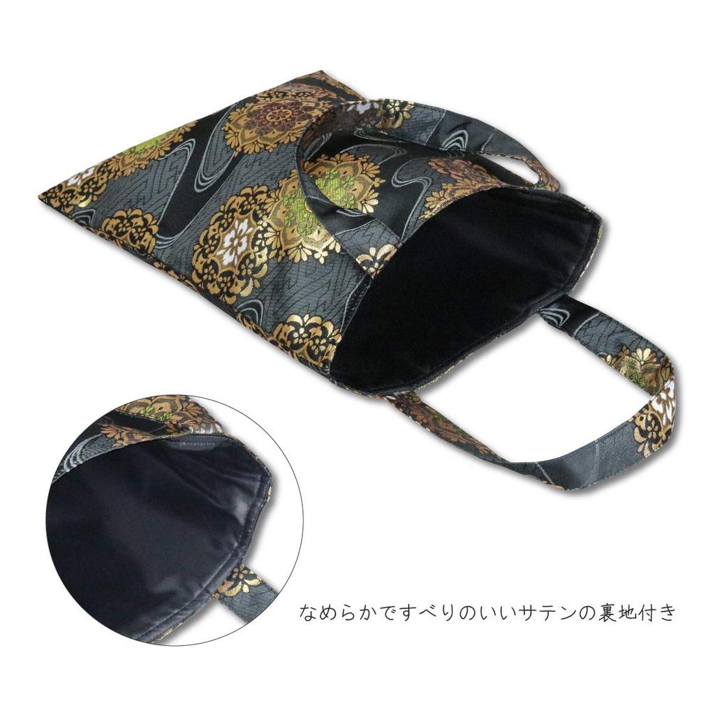 [Hotokudo] Bolsa de Mão em Tecido Nishijin-ori com Padrão de Água Corrente e Flores, Preta