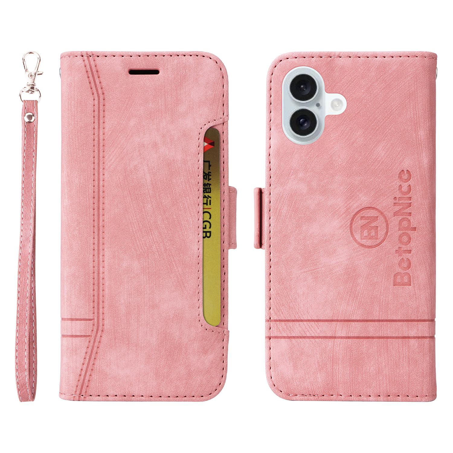 

BETOPNICE 001 for iPhone 16 Plus Case Stand Card Slots Leather Phone Cover Pink