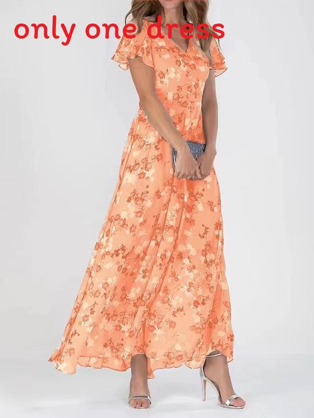 Summer Floral Chiffon Maxi Dress With Ruffle Vneck For Casual Wear