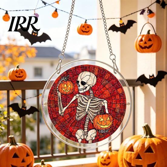 Reusable Halloween Hanging Sign Acrylic Puzzle Decor, 2D Ghost Pumpkin Skeleton Sign, Faux Window Decal Stained Glass Spooky for Party Home