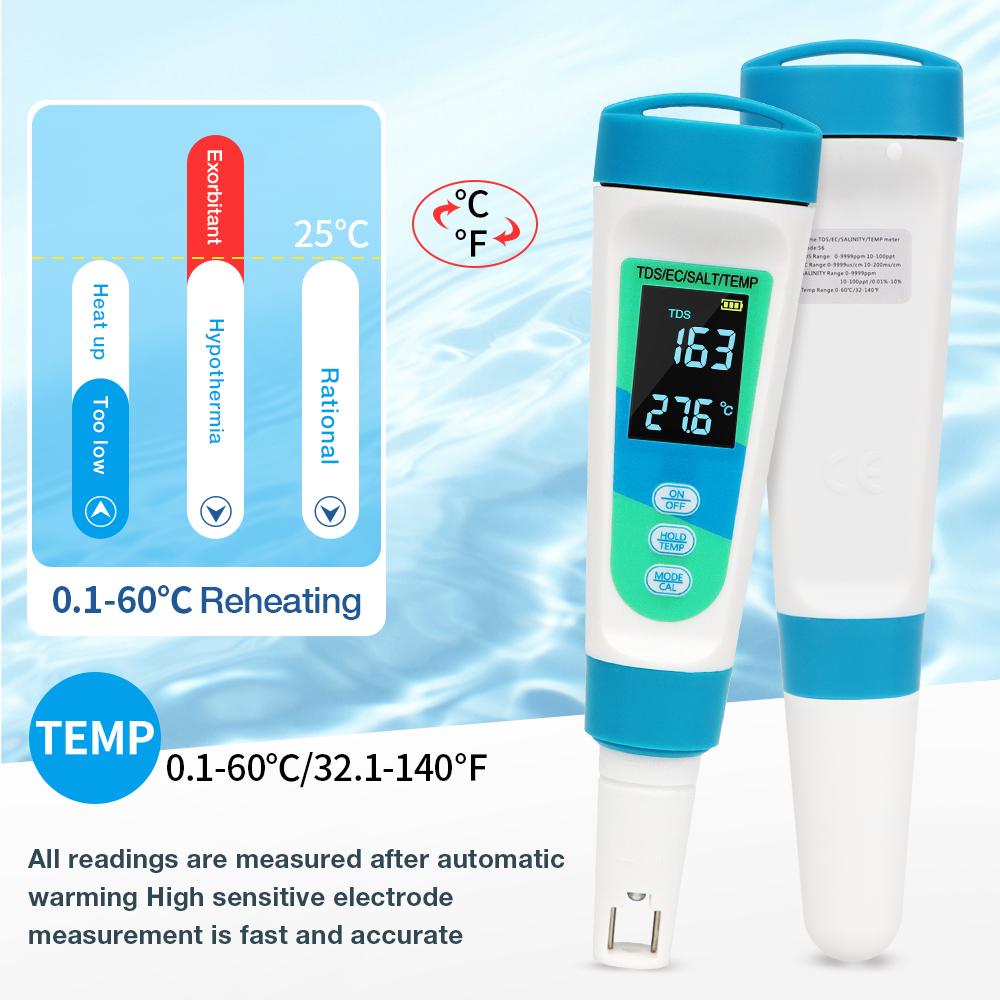 Automatic calibration Salinometer 4 in 1 TDS EC SALT Temp Meter for Drinking Water Aquarium Salinity Meter Water Quality Tester
