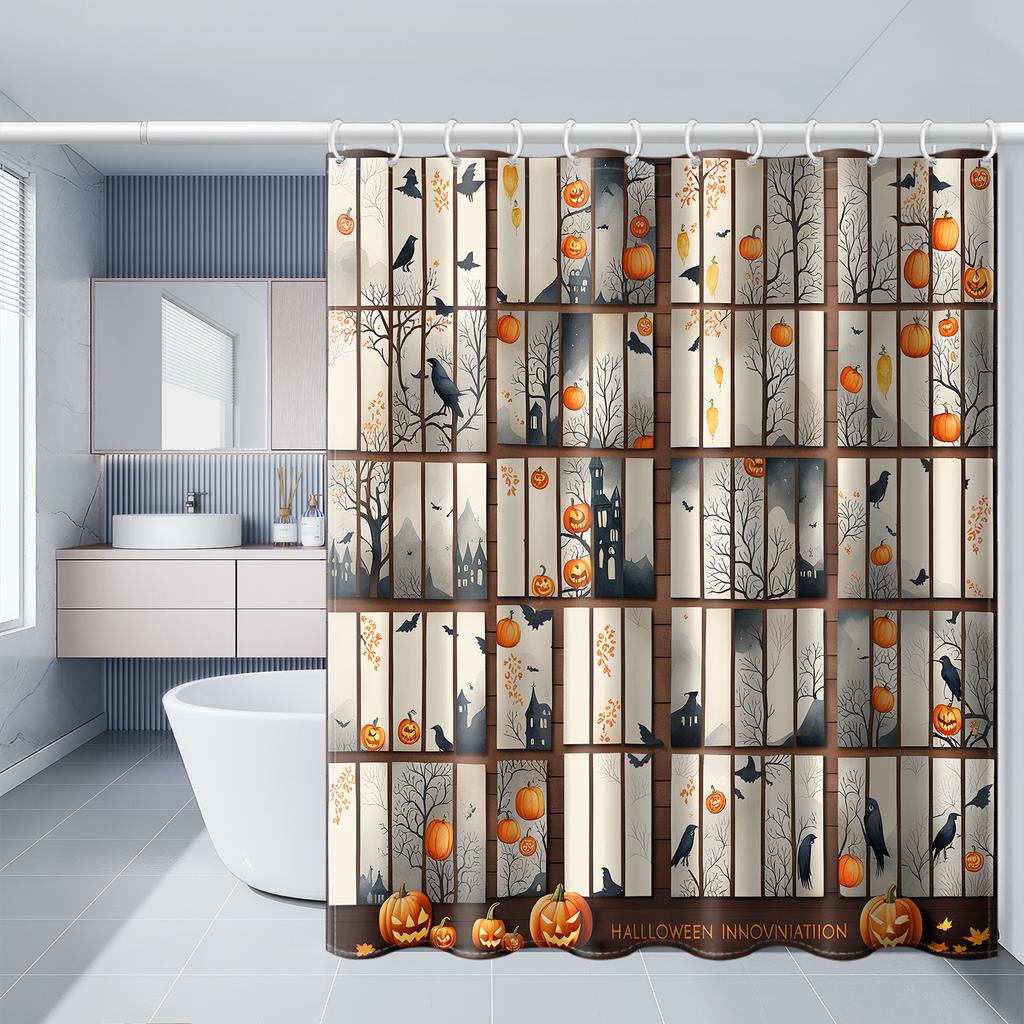 1pc Simulated Window Pumpkin Tree Halloween Bat Shower Curtain with Plastic Hooks, Decorated In Autumn and Winter Style