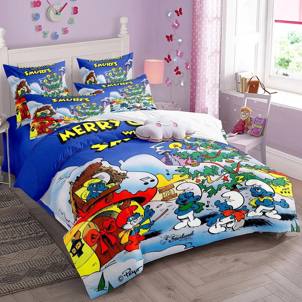 Cartoon S-Smurfs Printed Duvet Cover Pillowcase Bedding Set Boy Girl Children Single Double Large King Queen Size Gift