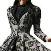 Long Sleeve Waist Tight Gothic Party Dress Lace Stitching Hem Floral Print Vintage
