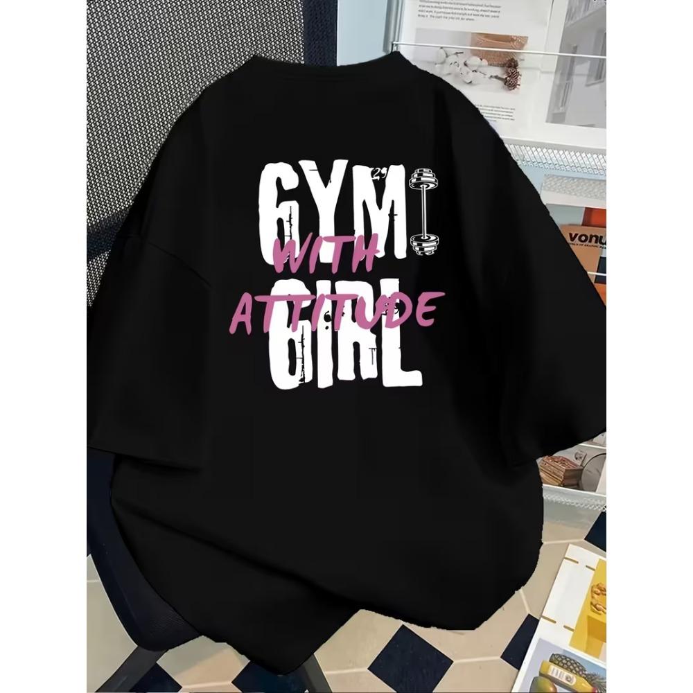 

Men Women S Gym with Attitude Graphic Tee Black Casual T-Shirt with Pink White Letter Print Short Sleeve Round Neck XL