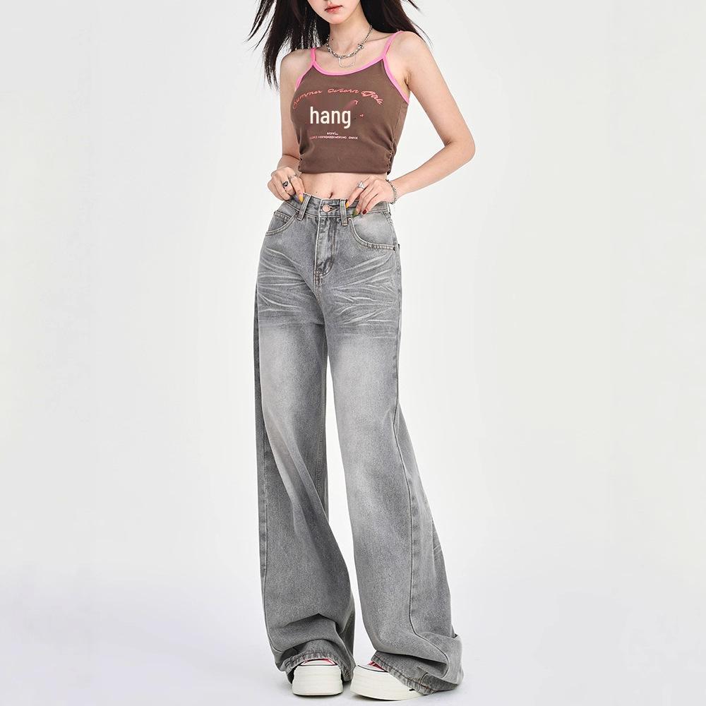 Women's 2025 Spring Gray Low-Rise Wide-Leg Retro Petite Jeans