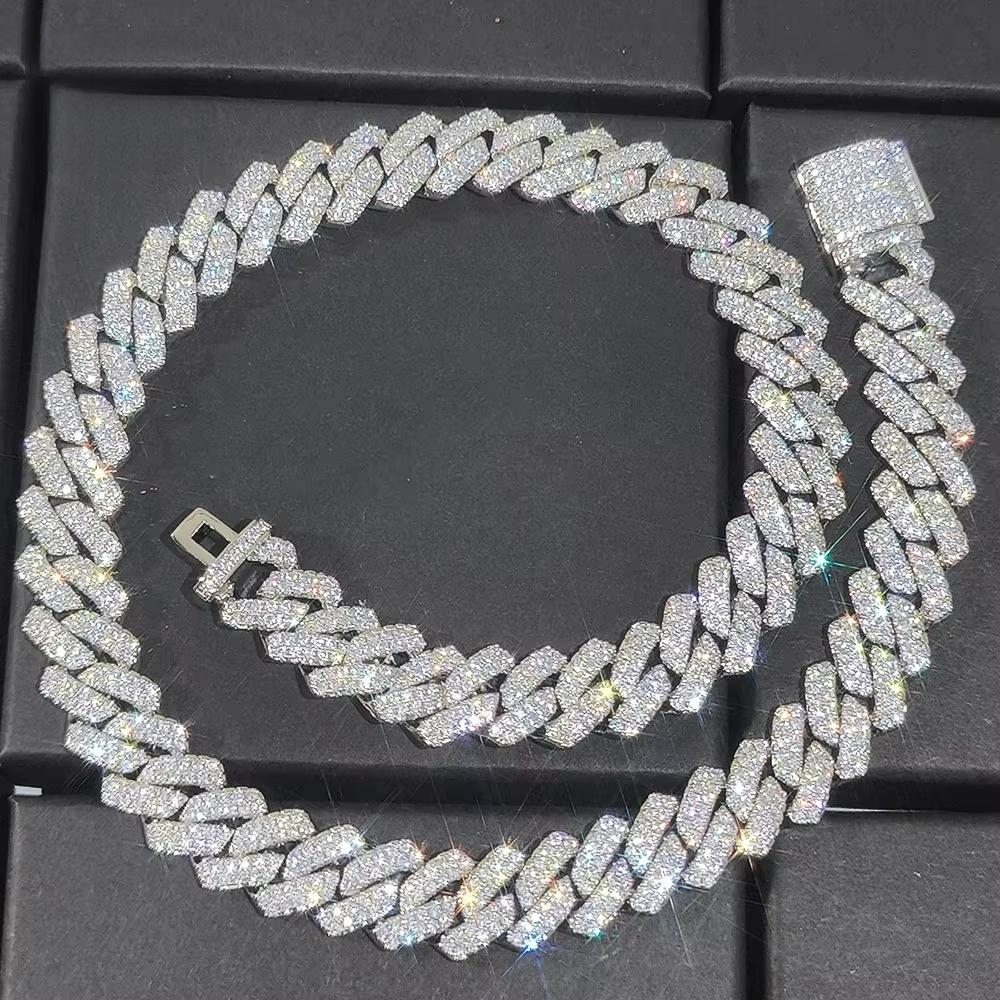 14mm Iced Out Prong Cuban Link Chain Silver Plated Brass Hip Hop Diamond Cuban Chains Necklace For Women's Fine Jewelry