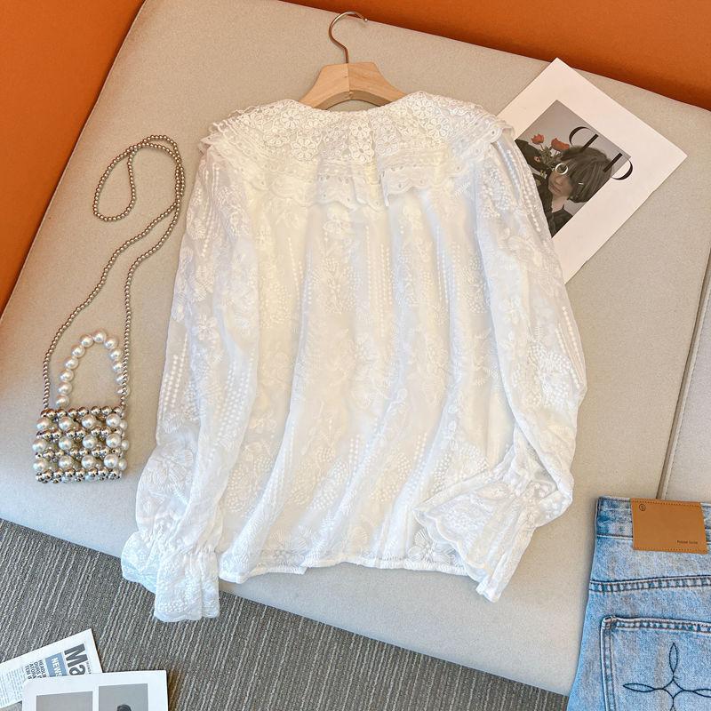 Autumn Stylish Embroidered Lace Doll Collar Shirt for Women, Sweet and Fashionable Flared Long-sleeved Casual Top
