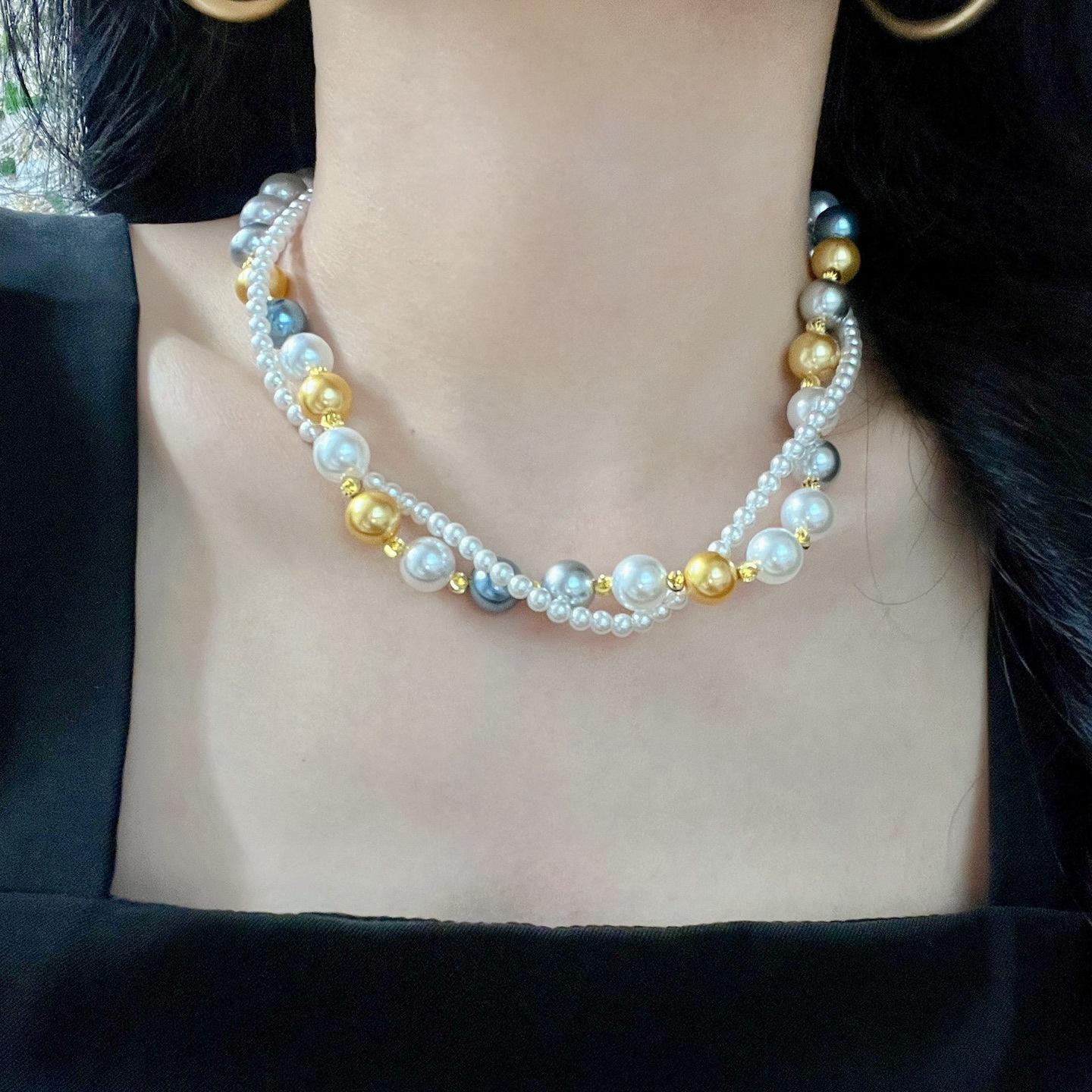 10Mm Autumn And Winter Mixed Color French Multi-Layer Tahitian Artificial Crystal Pearl Necklace Collarbone Chain