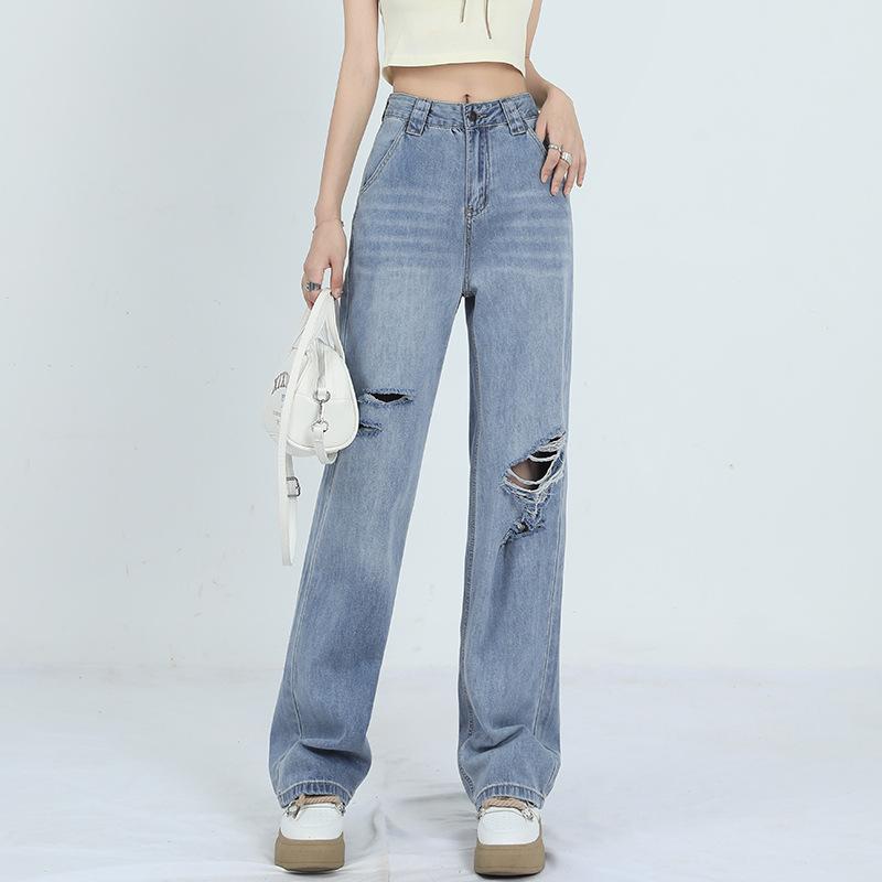 Straight Jeans for Women In Early Autumn New High-waisted Slimming Brushed Ripped Pants Narrow Wide-leg Pants