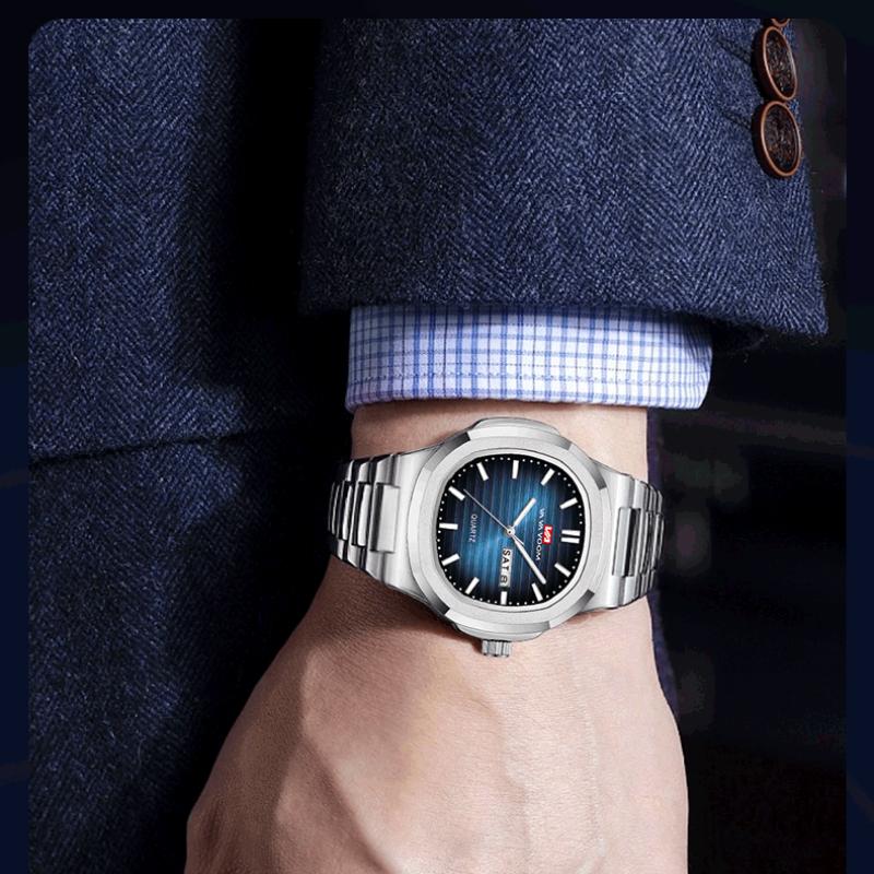 Business Calendar Quartz Waterproof Watch Round Men's Steel Belt Watch