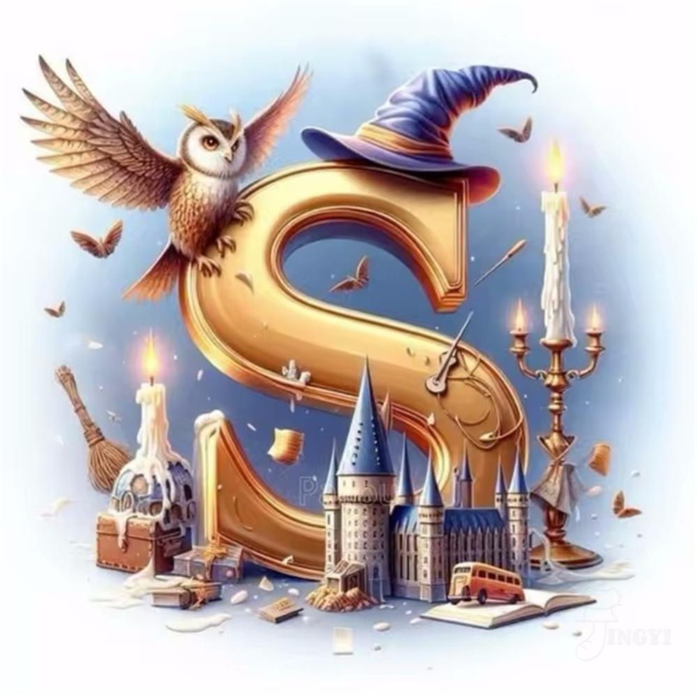 Harry Potter Fantasy Castle and Owl Letters Diamond Painting Cross Stitch Art Magical Alphabet Witch House Mosaic Home Decor