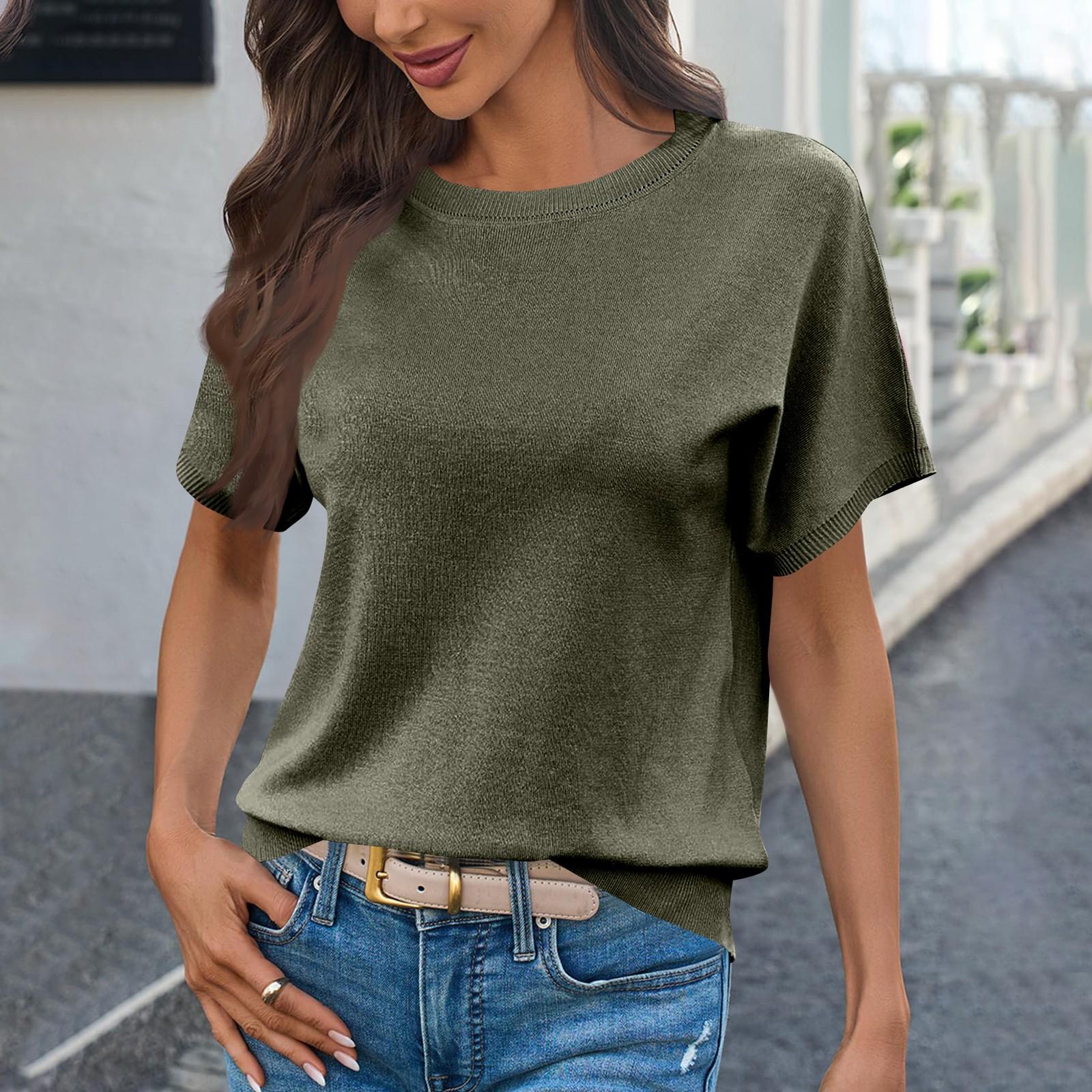 

Женский тонкий вязаный свитер однотонный с круглым вырезом и короткими рукавами XXL