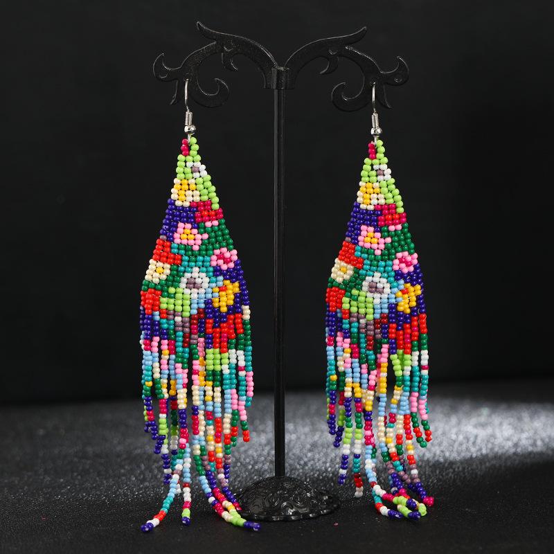 Hand-woven Bohemian Floral Ethnic Style Fringed Earrings Niche Personality Retro Color Earrings Tide