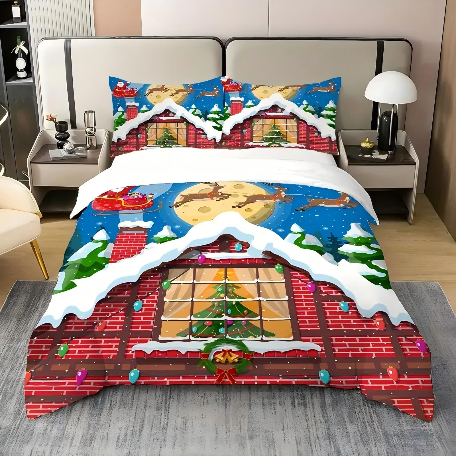 

Snow Night Santa Claus Reindeer 3D Print Bedding Set Christmas Theme Duvet Cover Soft Comfortable Home Polyester Quilt Cover Set 135x200cm 2pcs